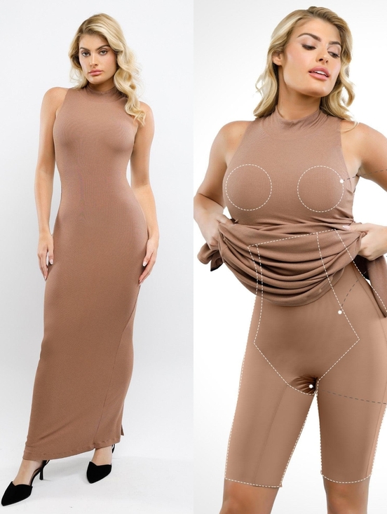 Popilush Dresses & Skirts - NWT Popilush Shapewear Modal Sleeveless Mock Neck Slimming Maxi Dress Brown Tan